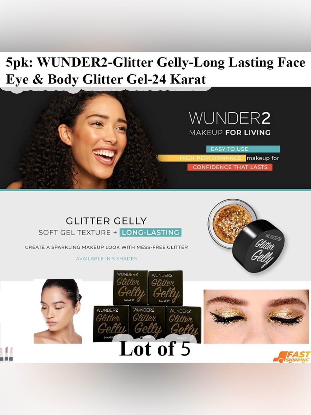 Wunder2 24K Shimmer Glitter Gelly - Metallic Gold for body and eyes lot of 5